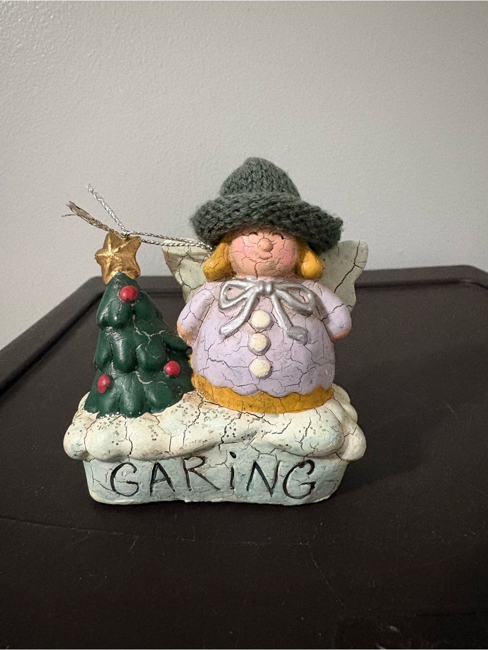 Vintage Holiday Caring Angel Ornament Primitive Crackle in Green and Lavender